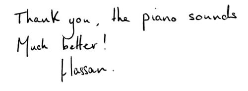 Handwritten testimonial note from Hassan