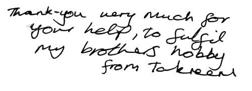 Handwritten testimonial note from Taneem