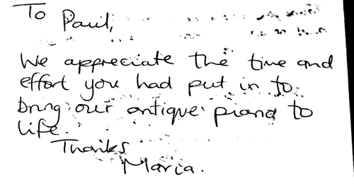 Handwritten testimonial note from Maria