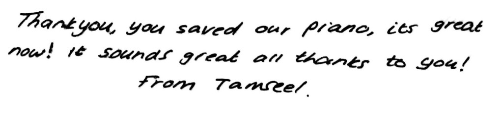 Handwritten testimonial note from Tanseel
